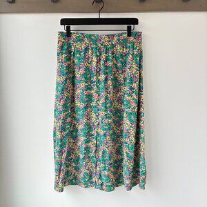 LOFT Green Floral Midi Skirt with Pink & Yellow Accents